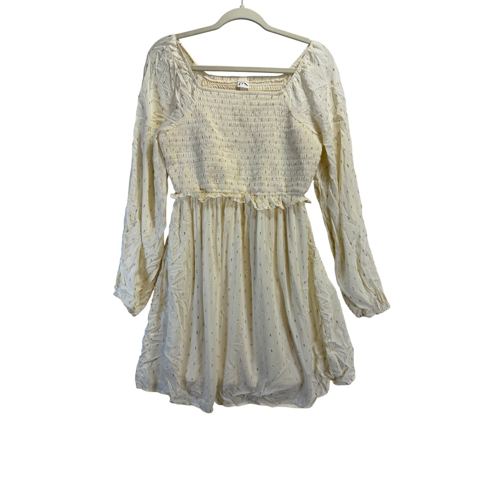 Art Class Girls Cream Gold Metallic Clip Dot Smocked Long Sleeve Dress XXL 18